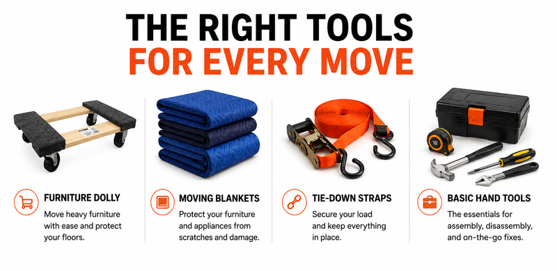 Furniture dolly, moving blankets, tie-down straps, and hand tools